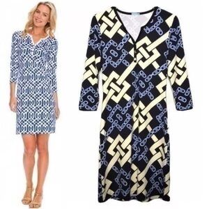 J McLaughlin Lynn Henley Sheath Geometric Patterned Dress 3/4 Sleeves